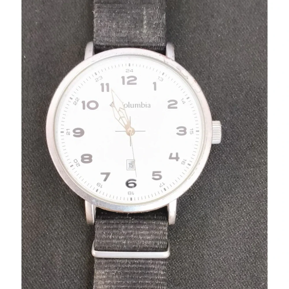 Columbia Silver Tone Analog Mens Watch Round White Face Black Fabric Band #W5172